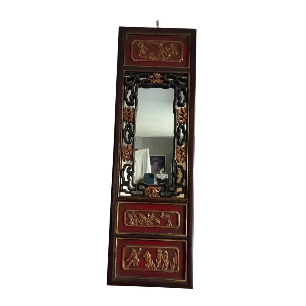 Vintage Chinese Chinoiserie Wall Panel Mirror Black Red Carved 38